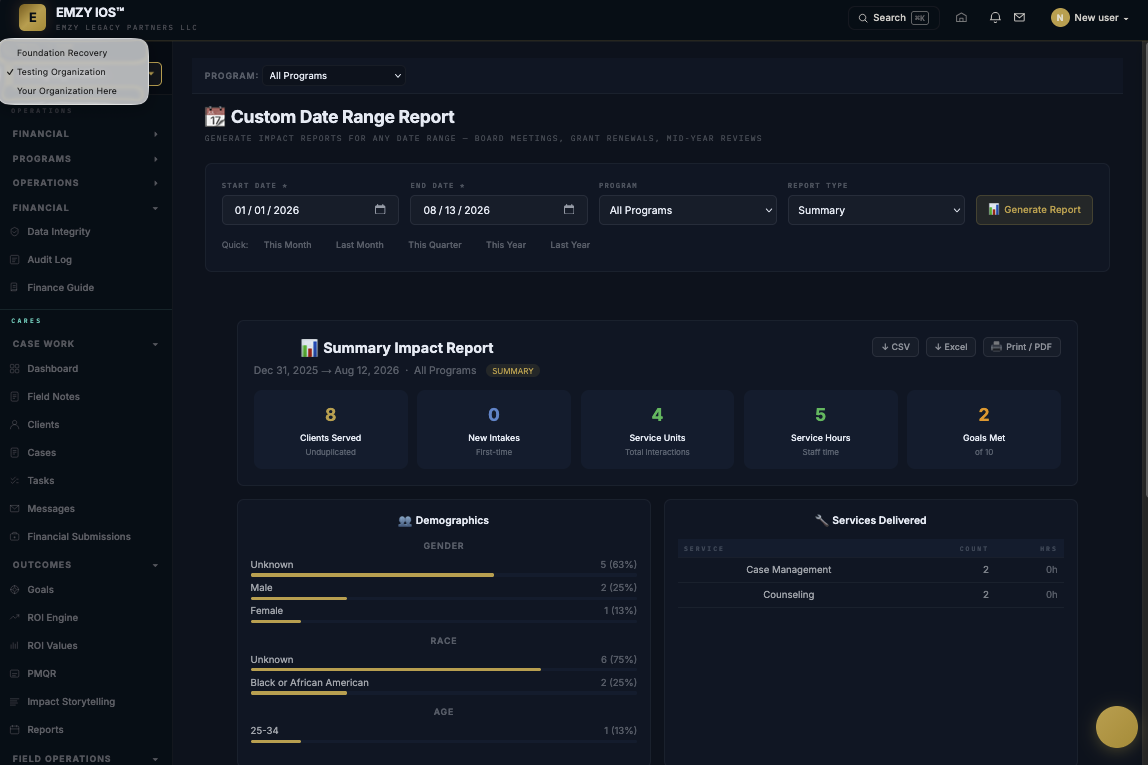 EMZY IOS organization switcher open, showing multiple organizations available from the same operating environment alongside an impact report